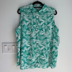Croft & Barrow Women XXL Green White Sleeveless Button Down TopLinen Top NEW
